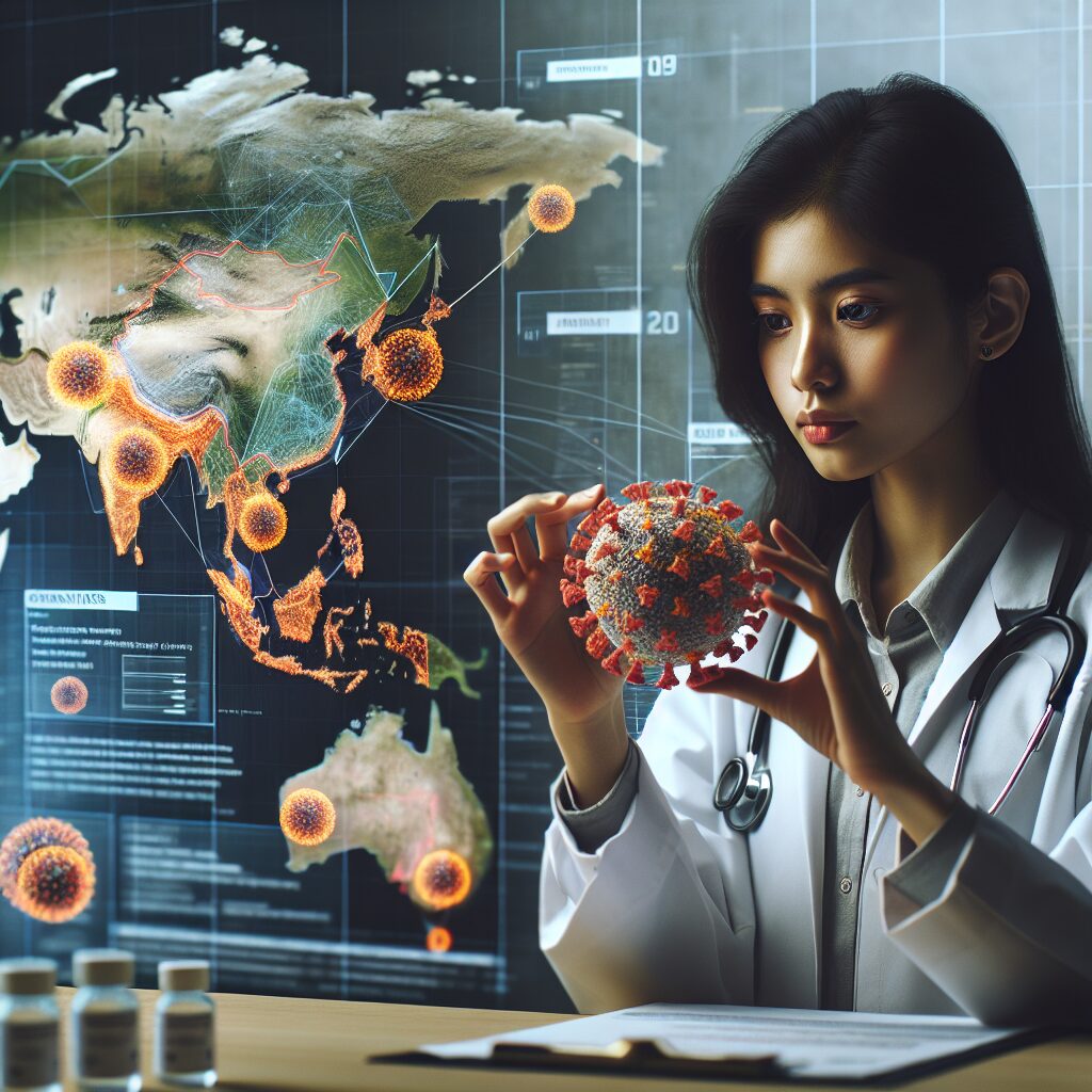 An image depicting a medical professional examining a virus model, representing a new Covid-19 variant, with a background map showing France and highlighted areas in Asia, symbolizing the spread and monitoring of the variant NB.1.8.1.