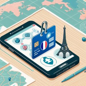 Illustration représentant une carte de santé numérique sur un smartphone, entourée d'éléments symboliques de la France, comme la Tour Eiffel et une carte de France, reflétant l'innovation technologique et la connectivité dans le domaine de la santé pour les citoyens français.