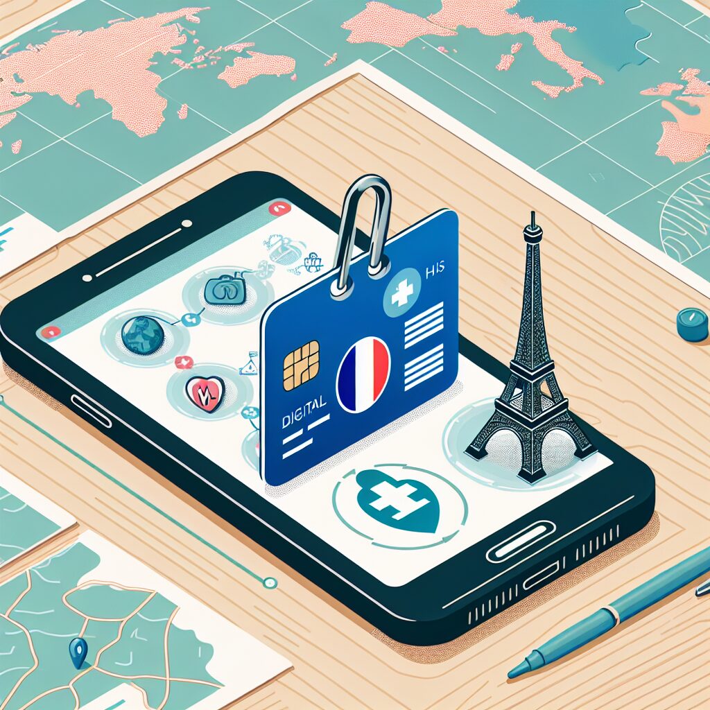 Illustration représentant une carte de santé numérique sur un smartphone, entourée d'éléments symboliques de la France, comme la Tour Eiffel et une carte de France, reflétant l'innovation technologique et la connectivité dans le domaine de la santé pour les citoyens français.