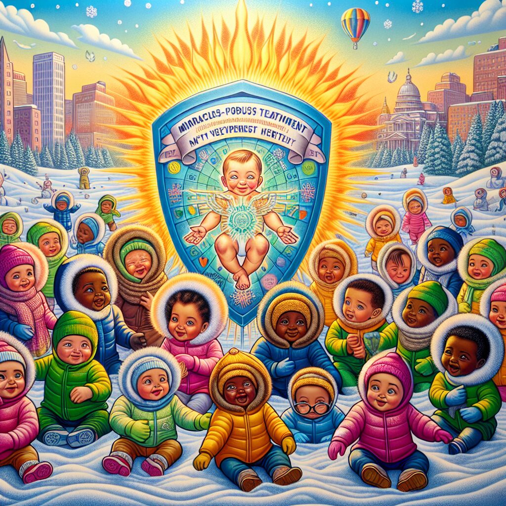 A detailed colored illustration showing infants in a winter setting, where some are being protected from cold by a shield symbolizing the Beyfortus treatment, vibrant and positive atmosphere, emphasizing health and prevention.