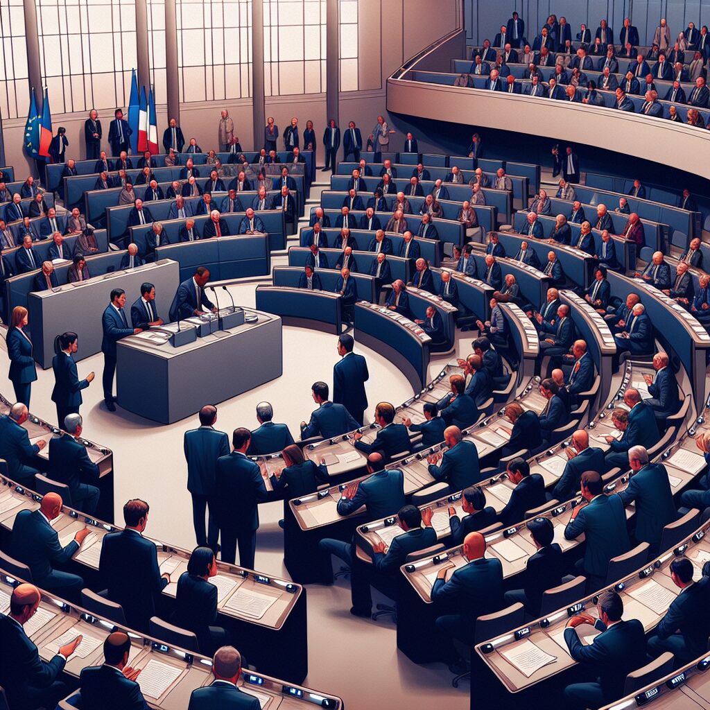 Illustration de l'Assemblée nationale française en session, débat intense sur une loi sociétale importante, avec un focus sur les députés discutant dans un hémicycle moderne, tons assurant le sérieux et la solennité de l'instant.