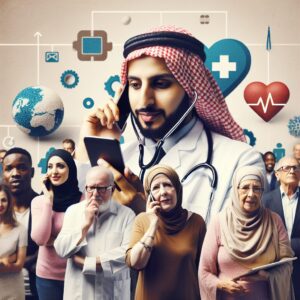 A diverse group of people, young and elderly, engaged in a phone call, with a doctor and heart and diabetes health symbols in the background, representing a healthcare advice initiative.