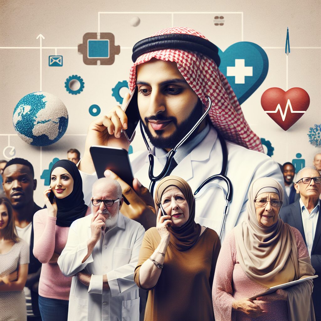 A diverse group of people, young and elderly, engaged in a phone call, with a doctor and heart and diabetes health symbols in the background, representing a healthcare advice initiative.