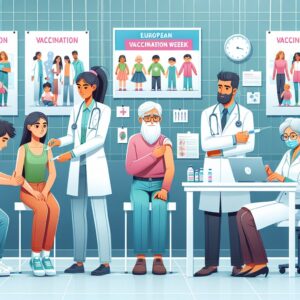 Illustration représentant divers groupes d'âge se faisant vacciner dans un centre médical moderne, avec des affiches de sensibilisation sur les murs, durant la Semaine Européenne de la Vaccination. Ajoutez des professionnels de santé aidant les patients et expliquant l'importance de la vaccination.