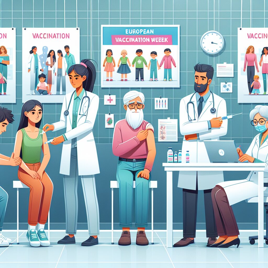 Illustration représentant divers groupes d'âge se faisant vacciner dans un centre médical moderne, avec des affiches de sensibilisation sur les murs, durant la Semaine Européenne de la Vaccination. Ajoutez des professionnels de santé aidant les patients et expliquant l'importance de la vaccination.