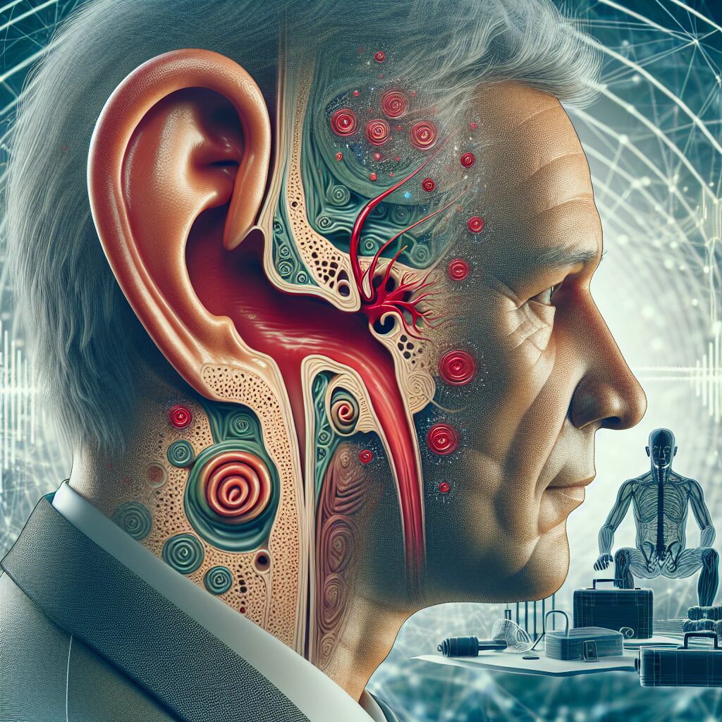 A detailed illustration showing the inner structure of the human ear, highlighting the labyrinth and inflamed areas indicating labyrinthitis. A background showing a medical setting with a subtle image of Luiz Inácio Lula da Silva, symbolizing his personal connection to the condition.