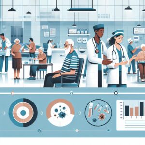Elderly care facility with healthcare professionals, illustration showing decline in infections and focus on antibiotic use, modern medical environment, infographic style