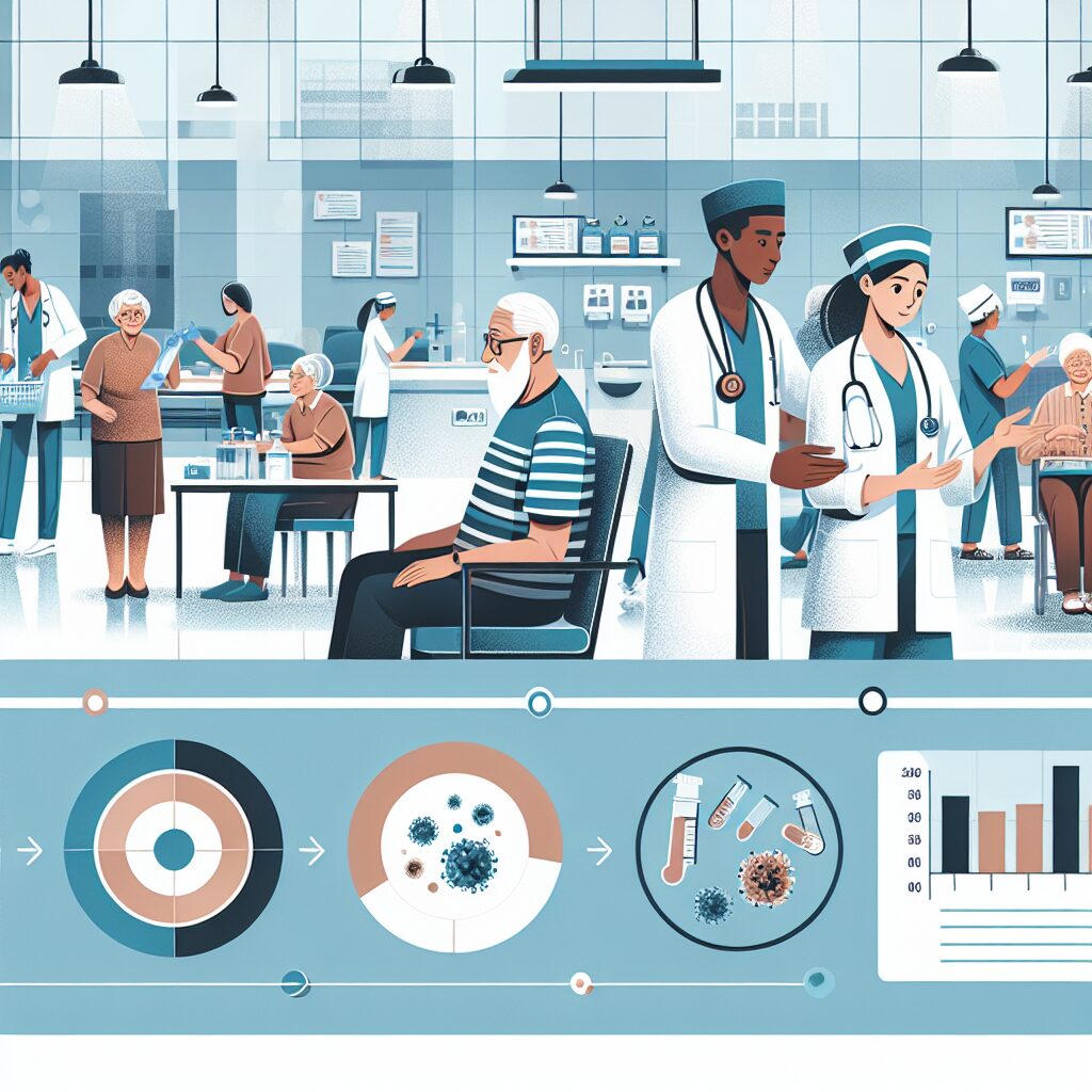 Elderly care facility with healthcare professionals, illustration showing decline in infections and focus on antibiotic use, modern medical environment, infographic style