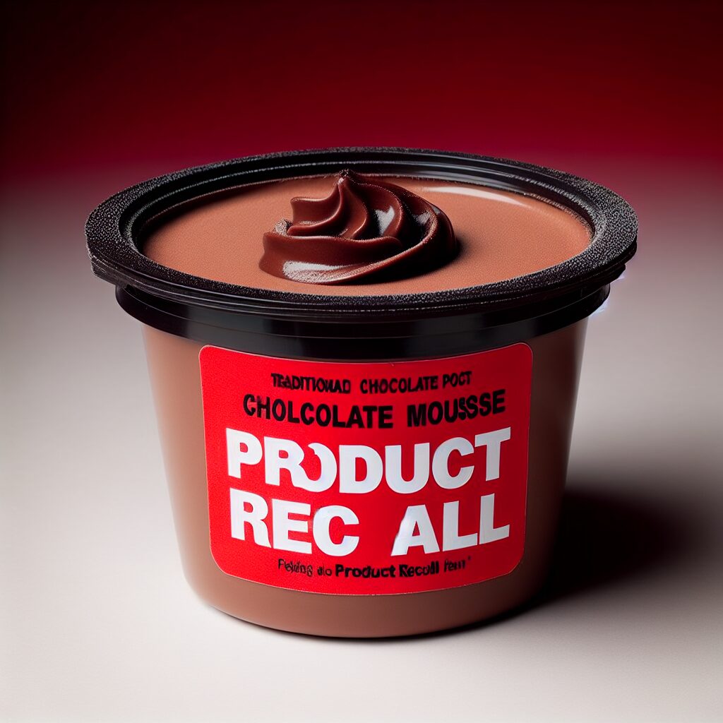 Un pot de mousse au chocolat traditionnel en gros plan, avec un air inquiétant et une étiquette de mise en garde rouge indiquant "Rappel de produit".