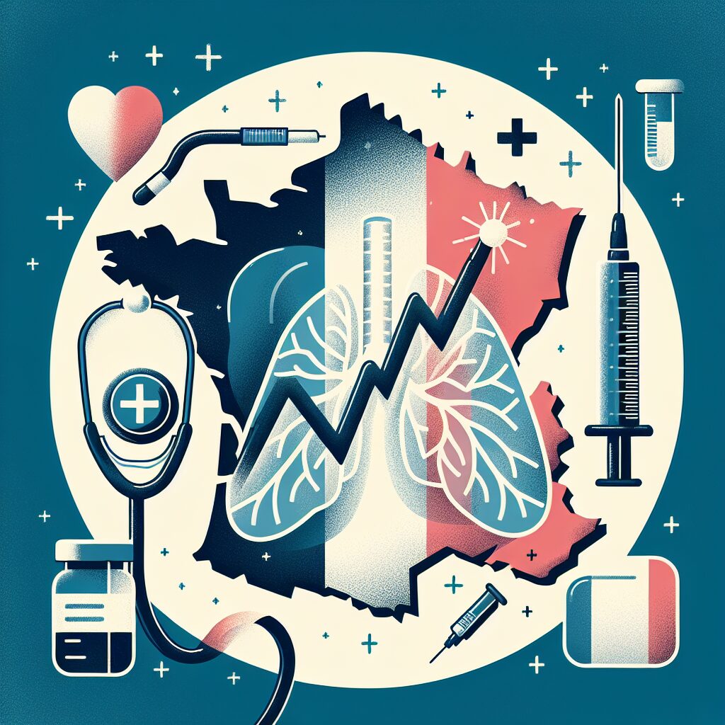 Illustration depicting tuberculosis awareness in France—show a stylized map of France with a rising graph line, medical symbols such as a stethoscope and a vaccine, and a subtle depiction of lungs to signify respiratory illness.