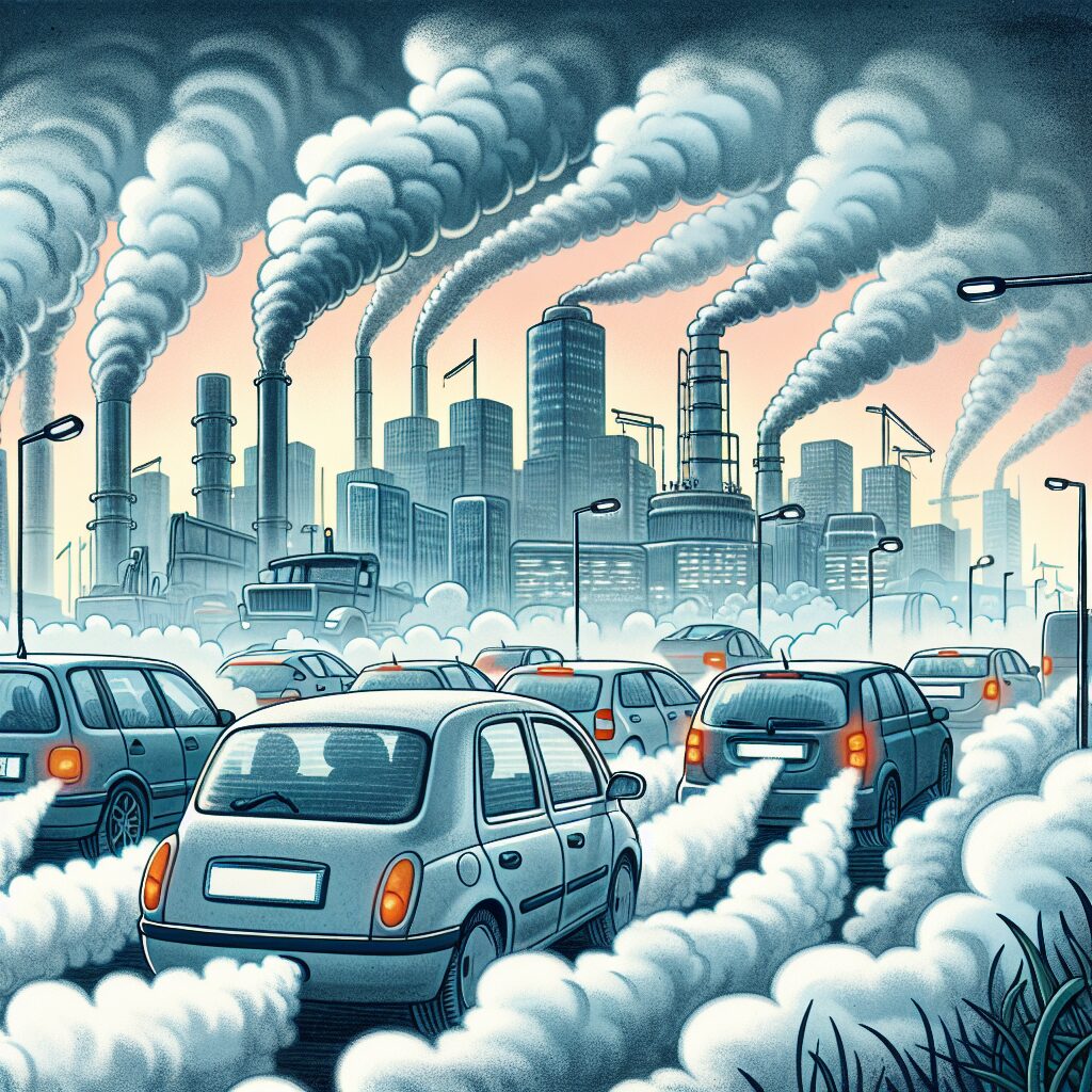 Illustration du Dieselgate montrant un paysage urbain pollué avec des voitures en file, des fumées d'échappement visibles, mettant en avant une atmosphère de pollution et de danger pour la santé publique.