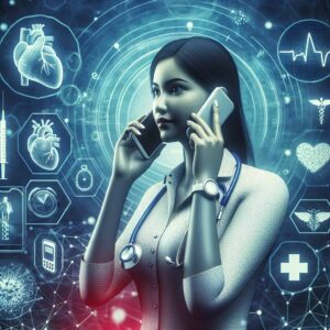 An illustration showing a healthcare professional on the phone, with a background of medical symbols like a heart and glucose meter, symbolizing diabetes and heart failure care.