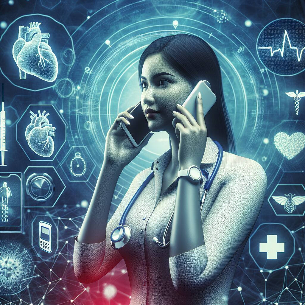 An illustration showing a healthcare professional on the phone, with a background of medical symbols like a heart and glucose meter, symbolizing diabetes and heart failure care.