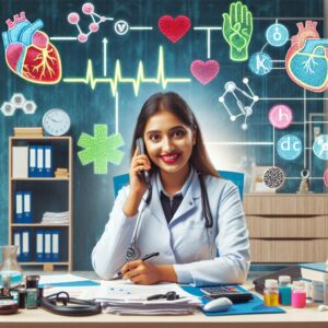A dynamic and engaging image of a medical professional talking on the phone in an office setting, surrounded by imagery representing heart health and diabetes, conveying a strong message of care and prevention.