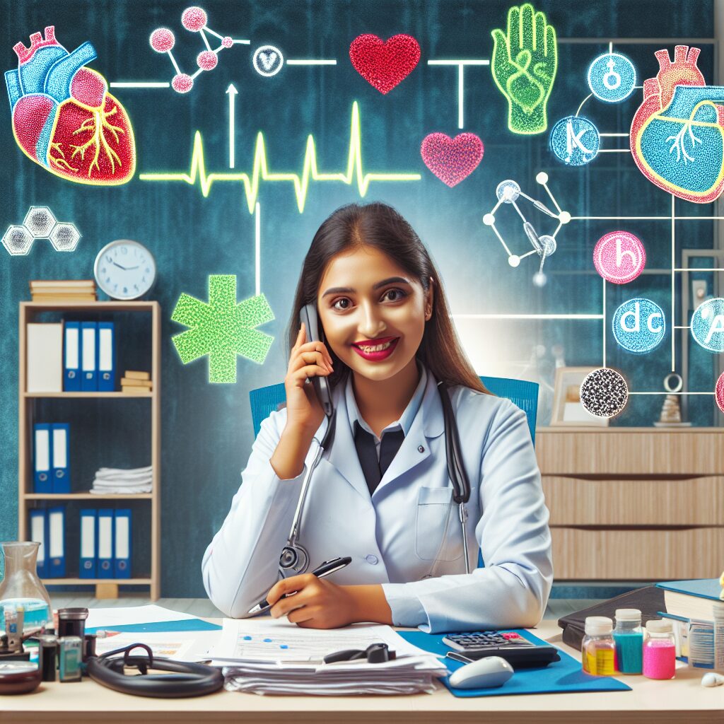 A dynamic and engaging image of a medical professional talking on the phone in an office setting, surrounded by imagery representing heart health and diabetes, conveying a strong message of care and prevention.
