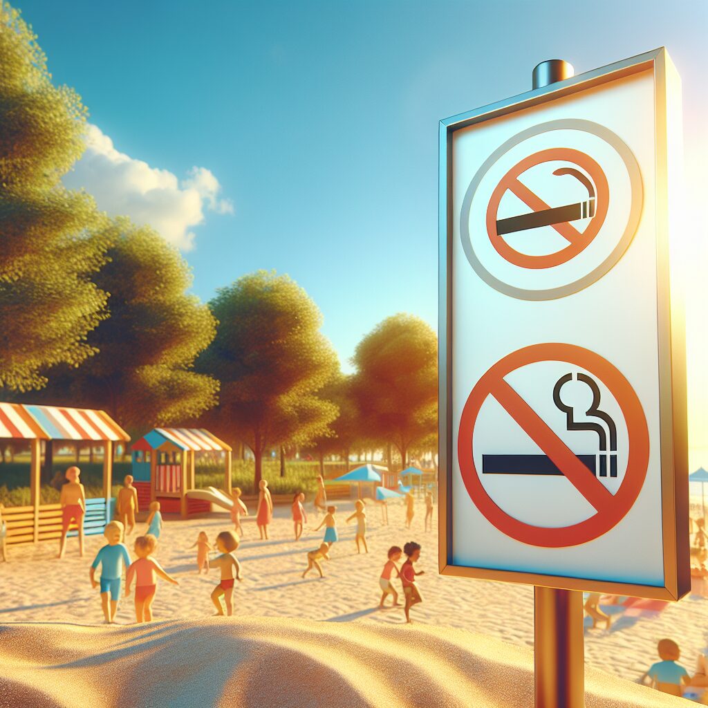 Une plage ensoleillée avec un panneau d'interdiction de fumer. Un parc avec des enfants jouant à proximité d'un panneau similaire. Ambiance estivale, couleurs vives et ciel bleu.