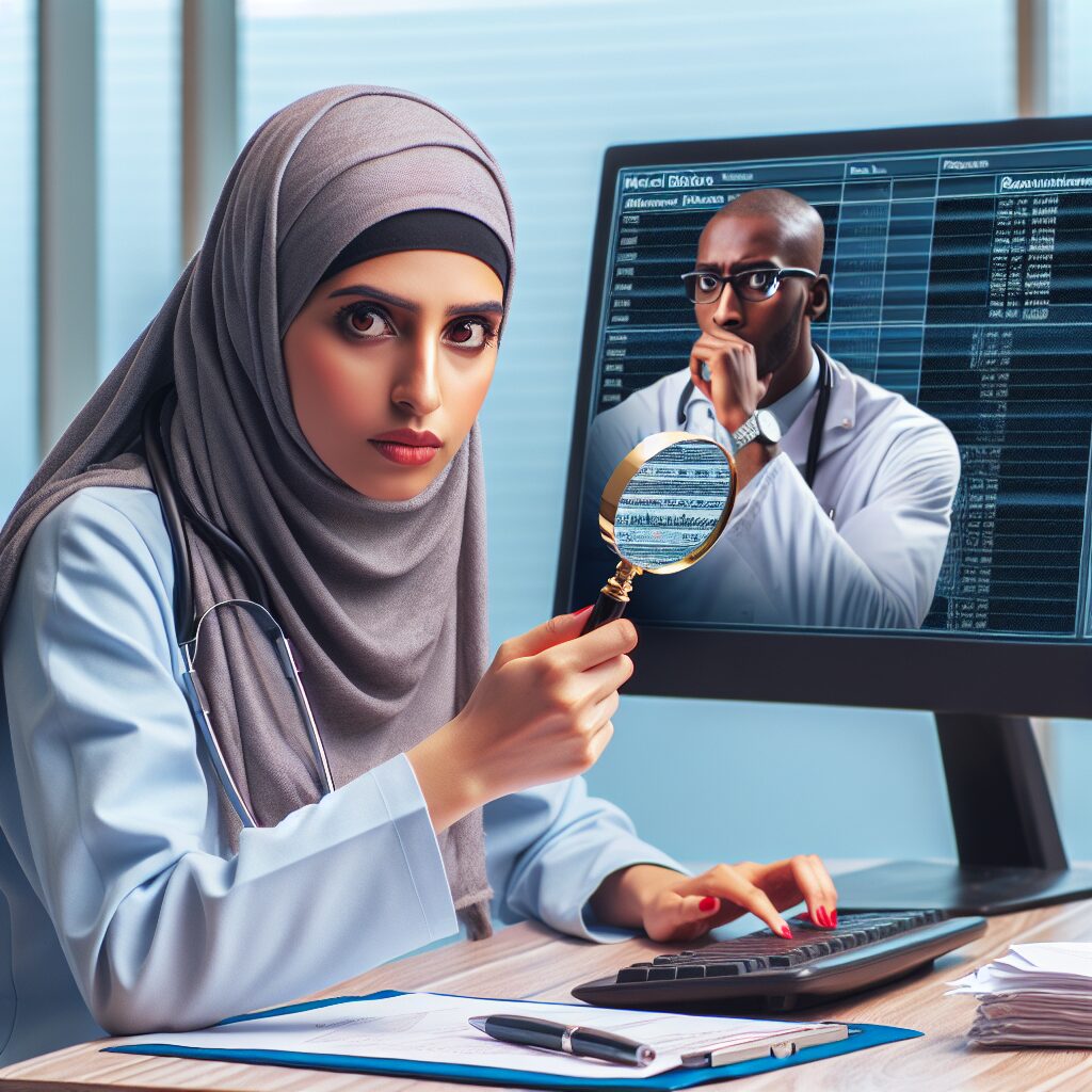 Illustration of a healthcare professional looking at digital data with a magnifying glass, symbolizing vigilance in monitoring medical reimbursements. The scene should include elements like a computer screen displaying medical bills and a concerned patient in the background, all in a modern, tech-savvy setting.