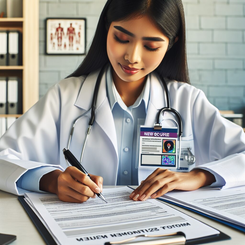 Illustration showing a doctor filling out a new secure Cerfa form for work stoppage, with security features like holograph stickers and magnetic ink visible, in a medical office setting.