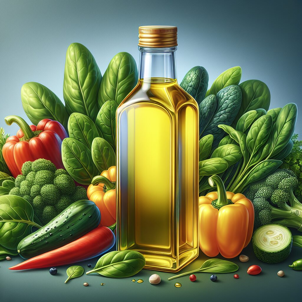 An illustration of a bottle of vegetable oil next to healthy vegetables, such as leafy greens and colorful peppers, portraying a balanced and healthy diet.