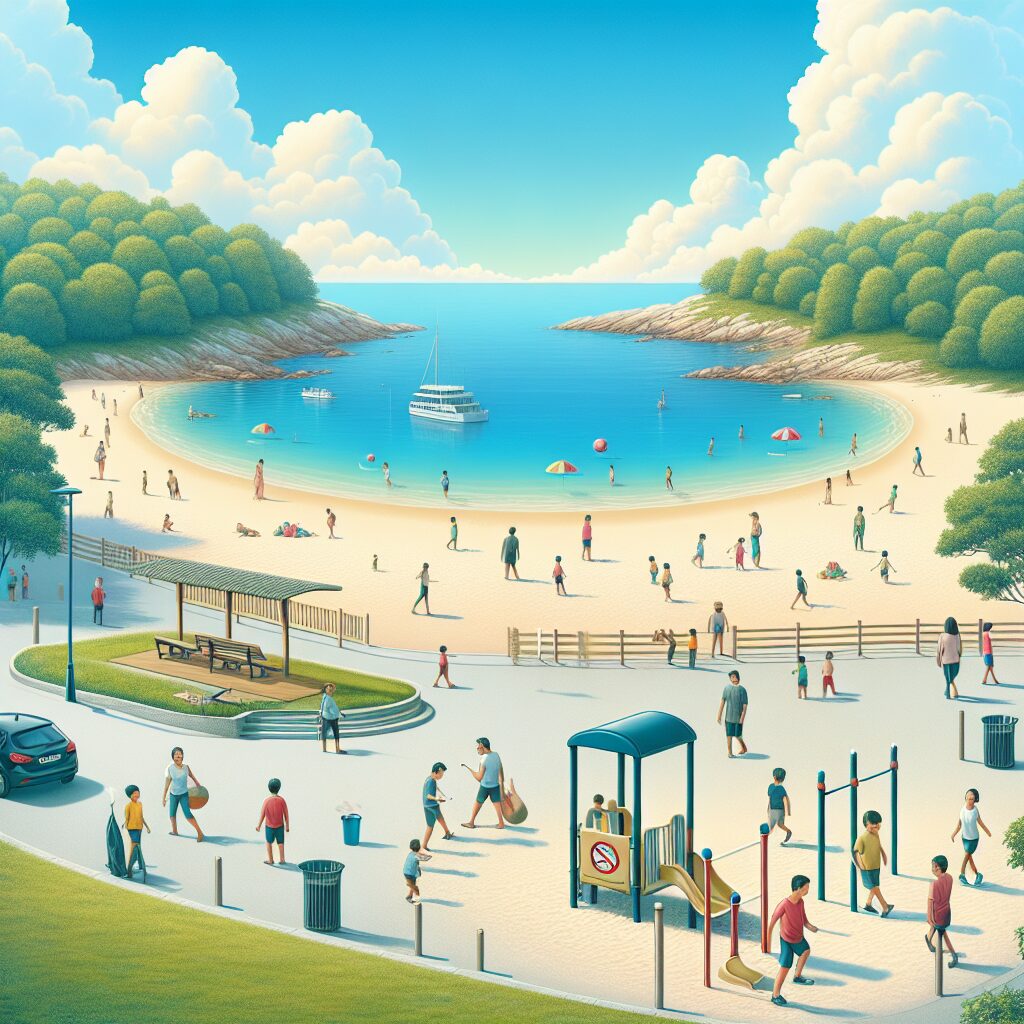 A serene beach with a clear blue sky, no cigarette butts in sight, a public park with children playing, showing a healthy, smoke-free environment. Vibrant colors and cheerful atmosphere.