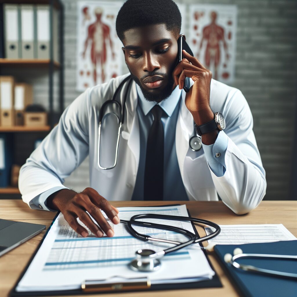 A concerned medical professional making a phone call to a patient with a stethoscope and medical charts in the background, symbolizing proactive health management for chronic diseases like diabetes and heart failure.