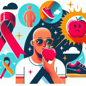 Une image illustrant la prévention du cancer avec des icônes représentant un mode de vie sain comme un personnage mâchant une pomme, des baskets pour symboliser l'exercice, et un soleil avec des lunettes de soleil pour représenter la protection UV, en style graphique moderne et coloré.