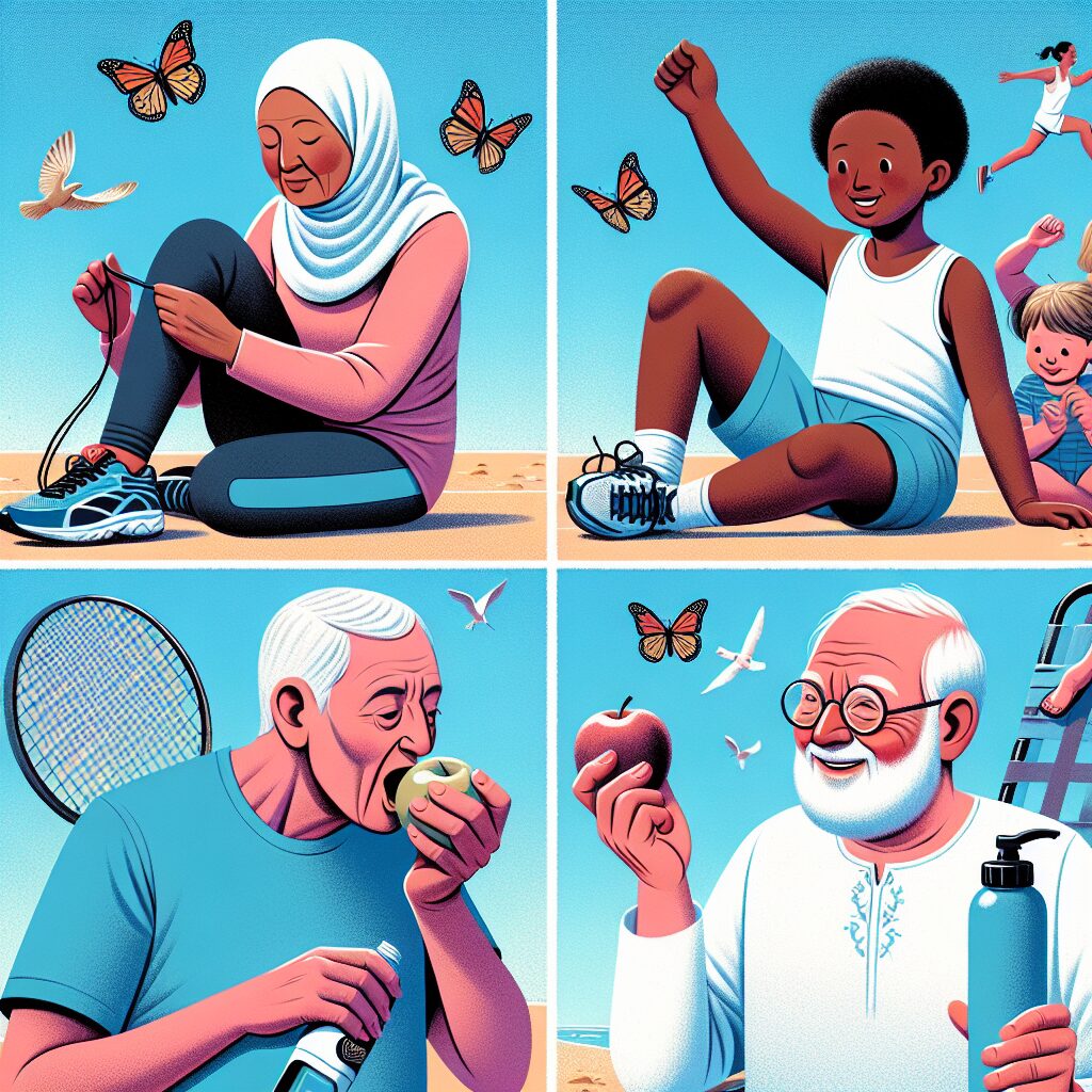 An illustrative image of a diverse group of people of different ages and ethnicities engaging in healthy activities such as jogging, eating fruits, and applying sunscreen under a bright blue sky.