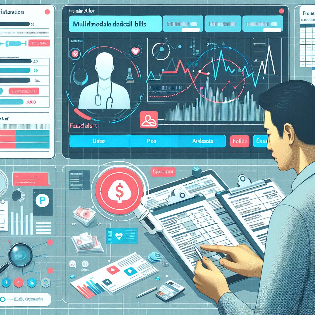 An illustration showing a digital interface of a health insurance platform with a person reviewing medical bills, with a fraud alert symbol prominently displayed.