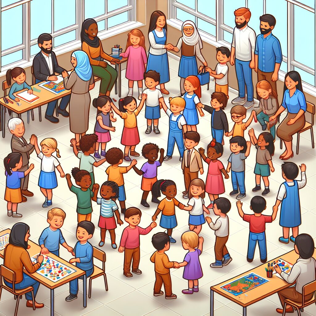 A dynamic classroom setting with engaged children participating in activities that encourage social, emotional, and cognitive skills development. Include diverse children and adults interacting positively, symbolizing education and community integration.