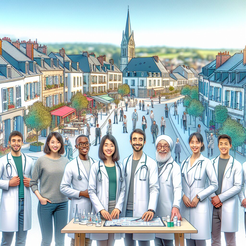 A bustling small town with a new medical center, young doctors engaging with patients, set against a backdrop of a picturesque French suburb, showcasing a friendly and welcoming healthcare environment.