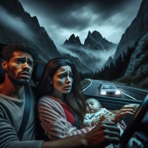 A distressed couple in a car at night, driving through mountainous roads, with a baby in the backseat. They look worried and tense, capturing the urgency and emotional journey of a medical emergency trip. The scene is set against a background of winding dark roads.