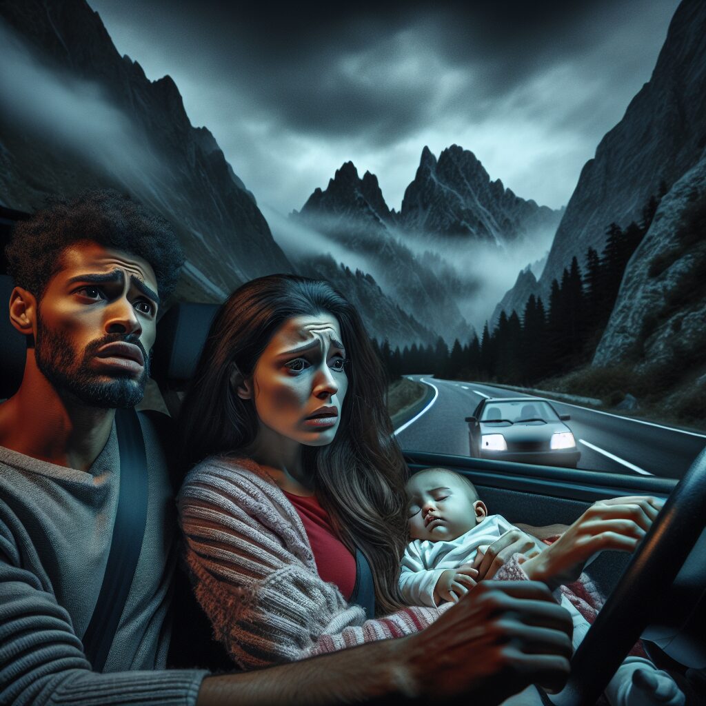 A distressed couple in a car at night, driving through mountainous roads, with a baby in the backseat. They look worried and tense, capturing the urgency and emotional journey of a medical emergency trip. The scene is set against a background of winding dark roads.