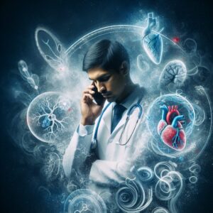 A caring healthcare professional making a phone call, with an abstract representation of heart and blood sugar levels in the background, symbolizing chronic disease management and patient care.