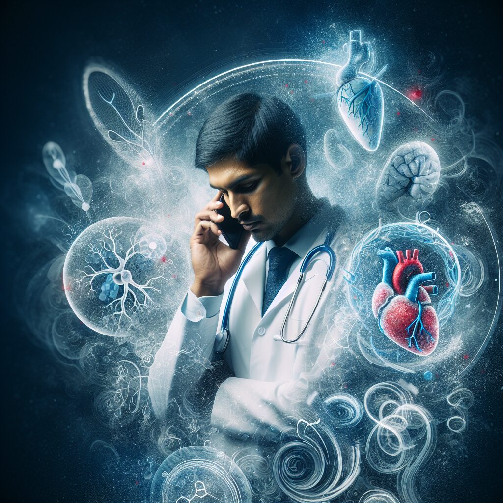 A caring healthcare professional making a phone call, with an abstract representation of heart and blood sugar levels in the background, symbolizing chronic disease management and patient care.