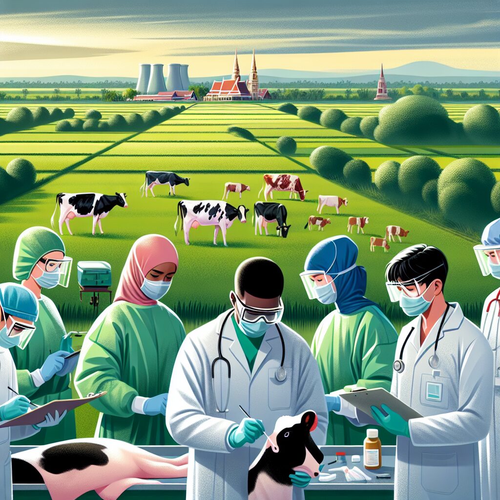An illustration showing a Thai landscape with a medical team in protective gear examining a cow in the field, surrounded by lush greenery of Mukdahan province, Thailand, depicting a sense of urgency and medical investigation.
