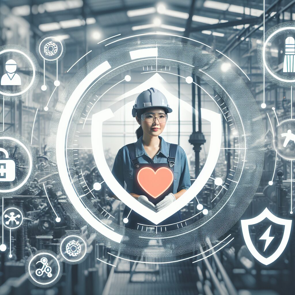 An illustration showing a worker in an industrial setting, surrounded by floating symbolic icons representing health and safety measures, such as a heart and a shield, reflecting the theme of professional disease prevention.