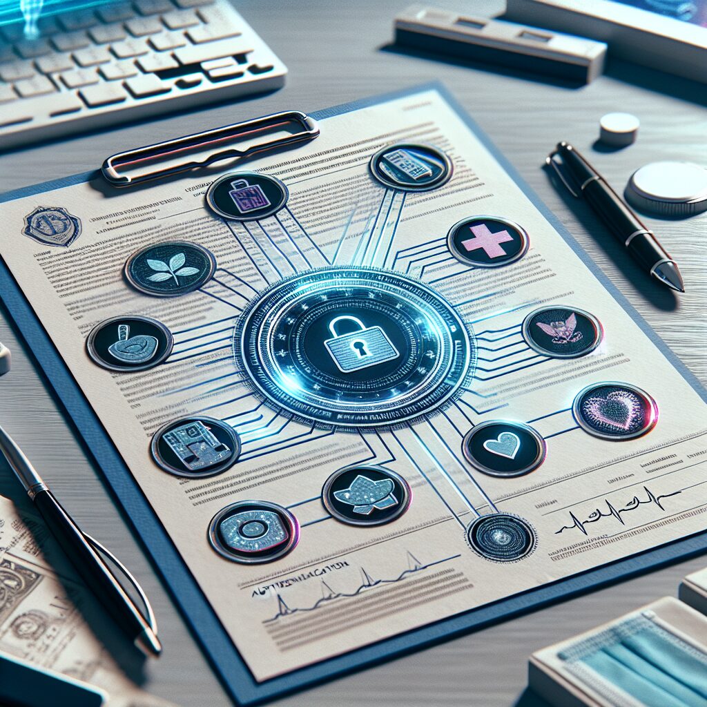 A detailed and secure paper form with 7 authentication features like holographic stickers, magnetic ink, lying on a desk. In the background, a professional setting depicting a doctor’s office with a computer and medical equipment, symbolizing modern healthcare and document security.