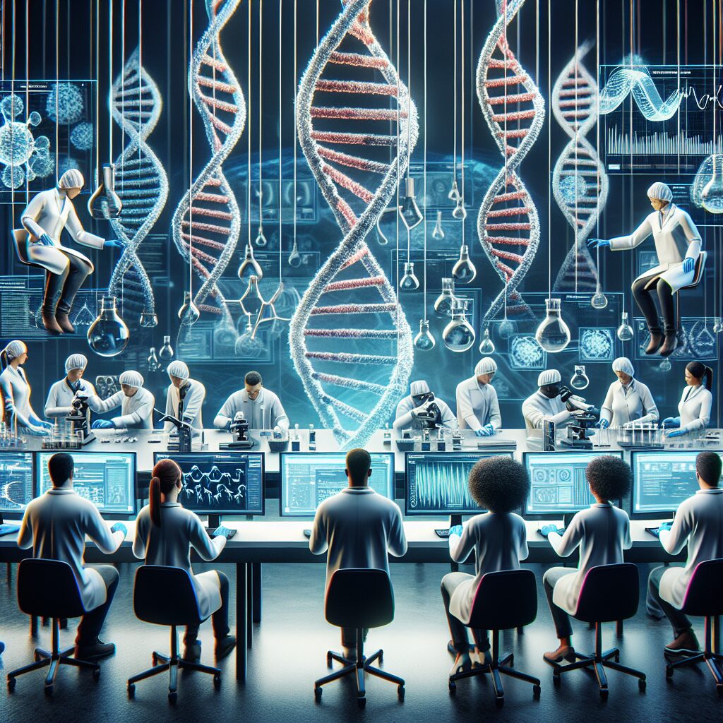 An illustration depicting a futuristic laboratory with scientists engaging in genomic sequencing, amidst digital data streaming representing pathogen monitoring, to capture the essence of epidemiological preparedness.