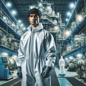 A thought-provoking image of a worker in a protective suit, with industrial machinery in the background, symbolizing occupational health awareness and prevention.
