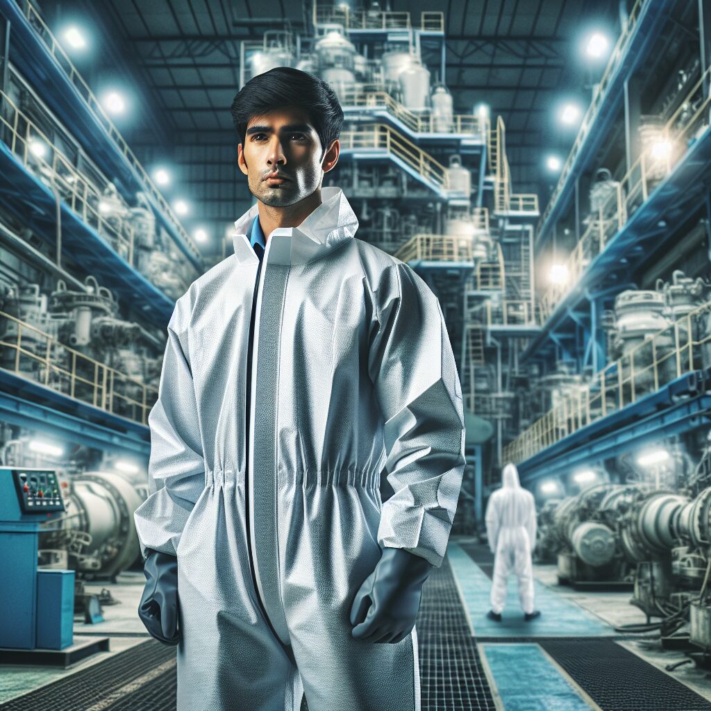 A thought-provoking image of a worker in a protective suit, with industrial machinery in the background, symbolizing occupational health awareness and prevention.