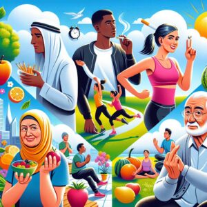 An illustration showing diverse people making healthy lifestyle choices, such as exercising, eating balanced meals, and avoiding smoking, against a vibrant, optimistic background symbolizing future health.