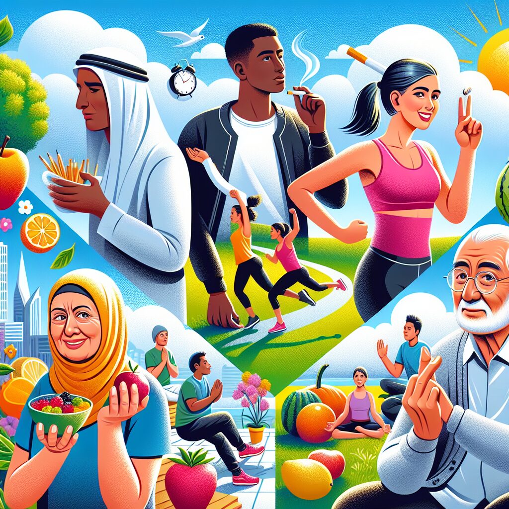 An illustration showing diverse people making healthy lifestyle choices, such as exercising, eating balanced meals, and avoiding smoking, against a vibrant, optimistic background symbolizing future health.
