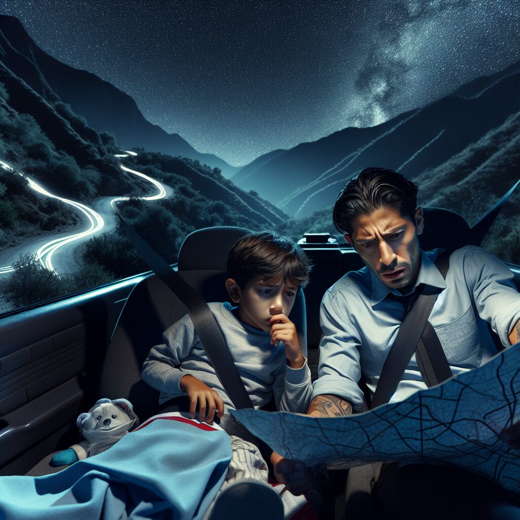 A worried couple in a car at night, mapping a route through rural mountainous roads, in search of an open pediatric hospital emergency room; a dramatic and emotional scene conveying urgency with a small child in need of medical attention.