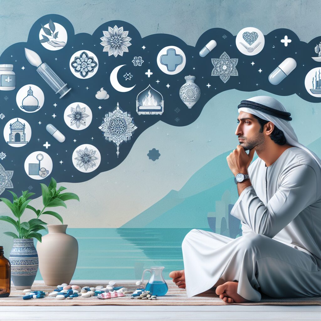An image depicting a thoughtful person considering options for managing anxiety and insomnia, with symbols of medication and natural remedies surrounding them. The scene is peaceful, with a balanced color palette conveying a sense of calm and reflection.
