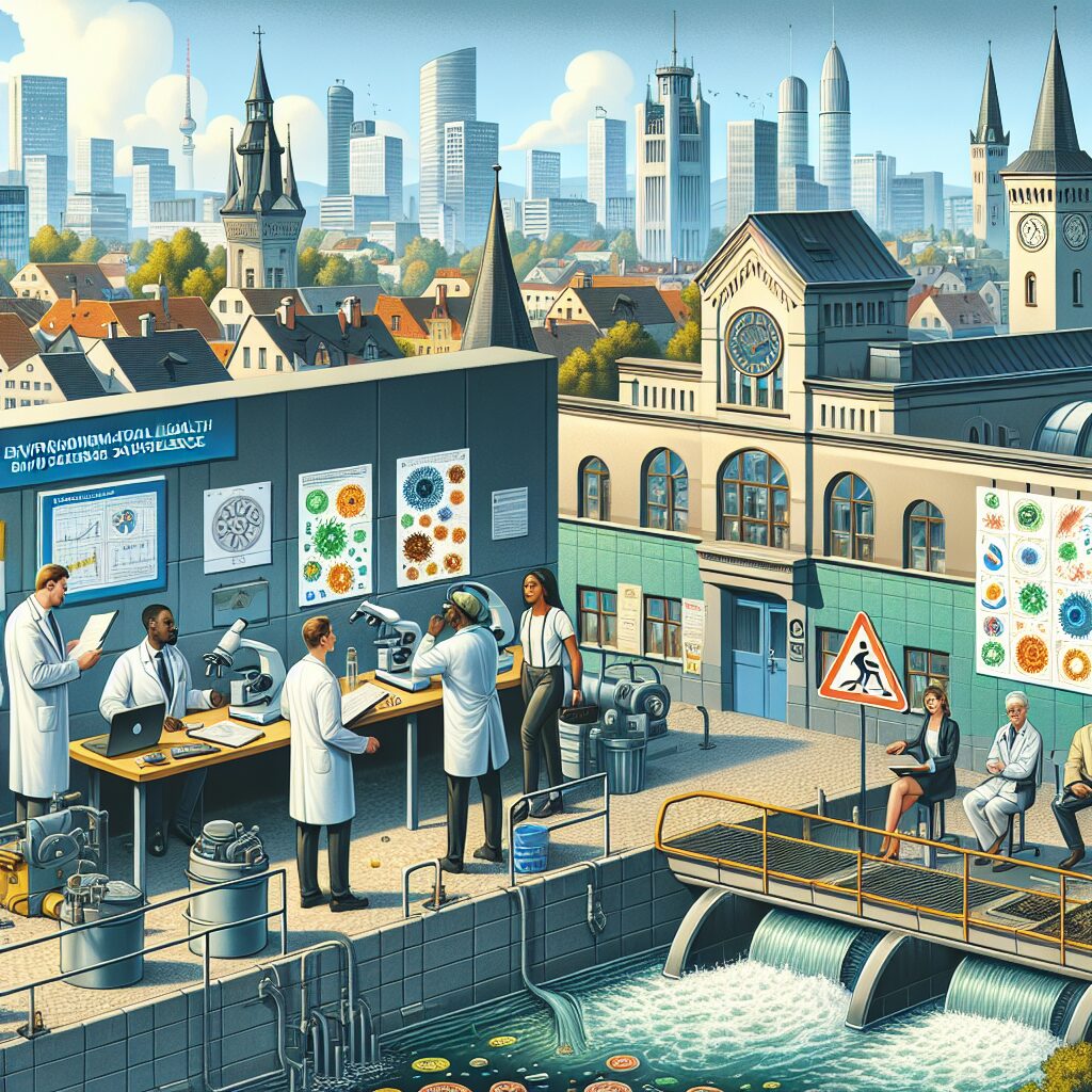 A depiction of a modern European cityscape with a focus on environmental health and disease surveillance, showing wastewater testing and health professionals in action.