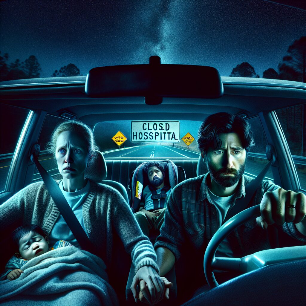 A worried couple driving at night with their sick child in a car seat, passing closed hospital signs along a deserted road, illuminated by car headlights, conveying urgency and desperation.
