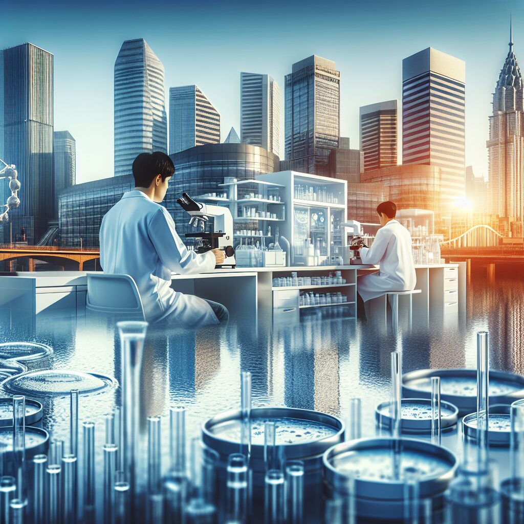 Image de ville urbaine moderne avec un laboratoire scientifique en arrière-plan, représentant la surveillance sanitaire des eaux usées. Un focus sur des scientifiques en blouse blanche analysant des échantillons.