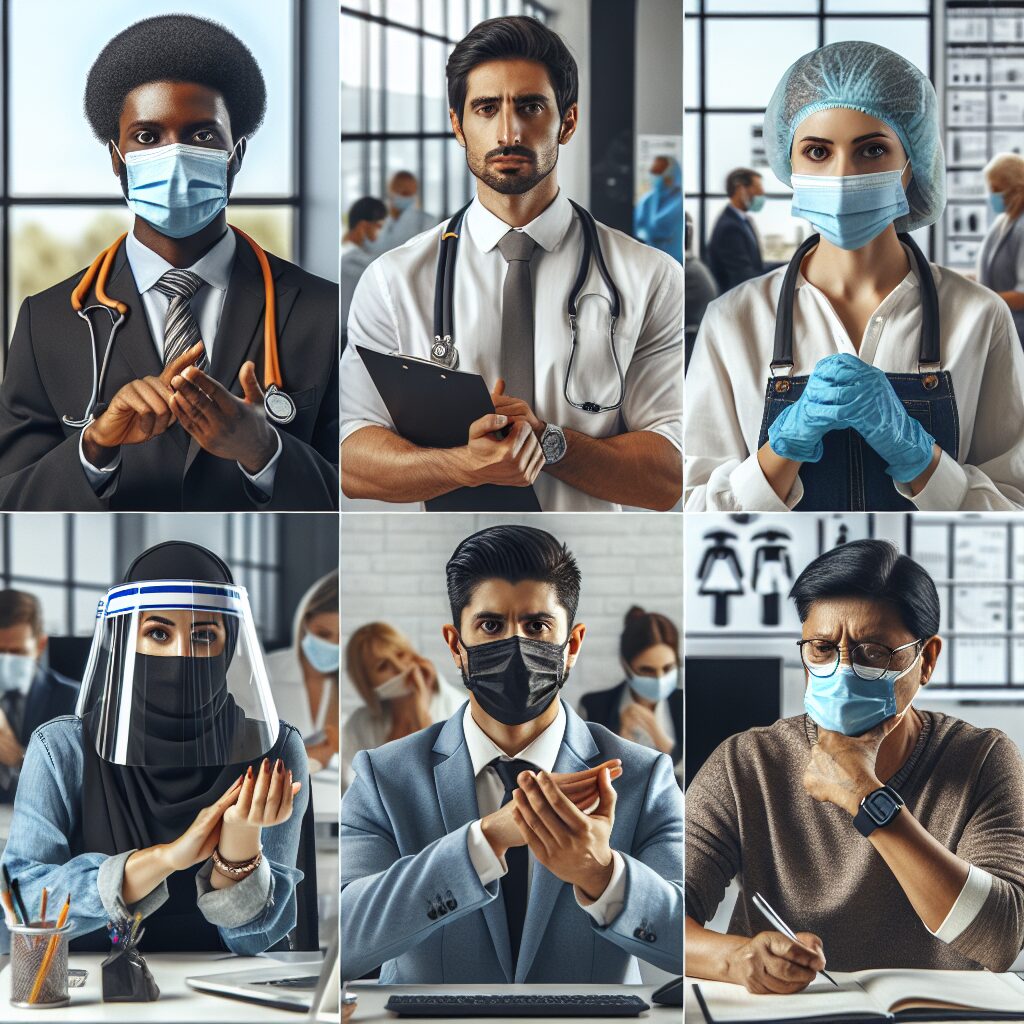 A thoughtful and informative illustration depicting diverse professionals in a workplace setting, some showing signs of health concerns, while others engage in preventive measures; elements of education and awareness subtly conveyed.