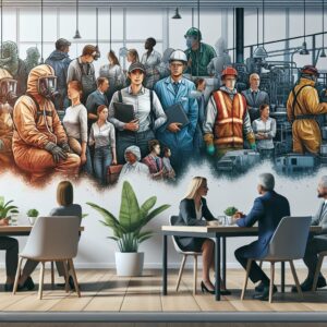 A group of diverse workers from different industries, some showing signs of illness, with an overlay of factory and office environments. In the background, a thoughtful doctor and a business manager in discussion, representing awareness and prevention of occupational diseases.