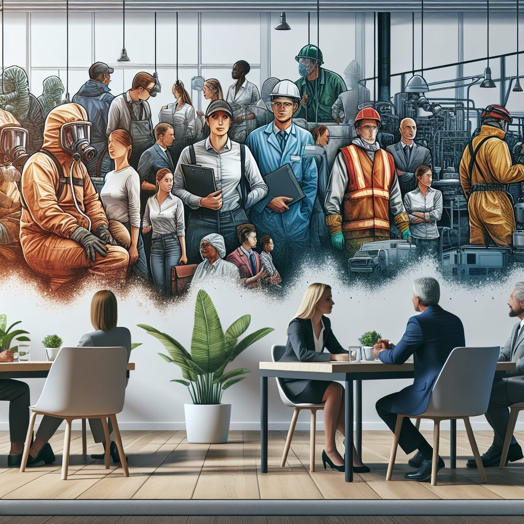A group of diverse workers from different industries, some showing signs of illness, with an overlay of factory and office environments. In the background, a thoughtful doctor and a business manager in discussion, representing awareness and prevention of occupational diseases.